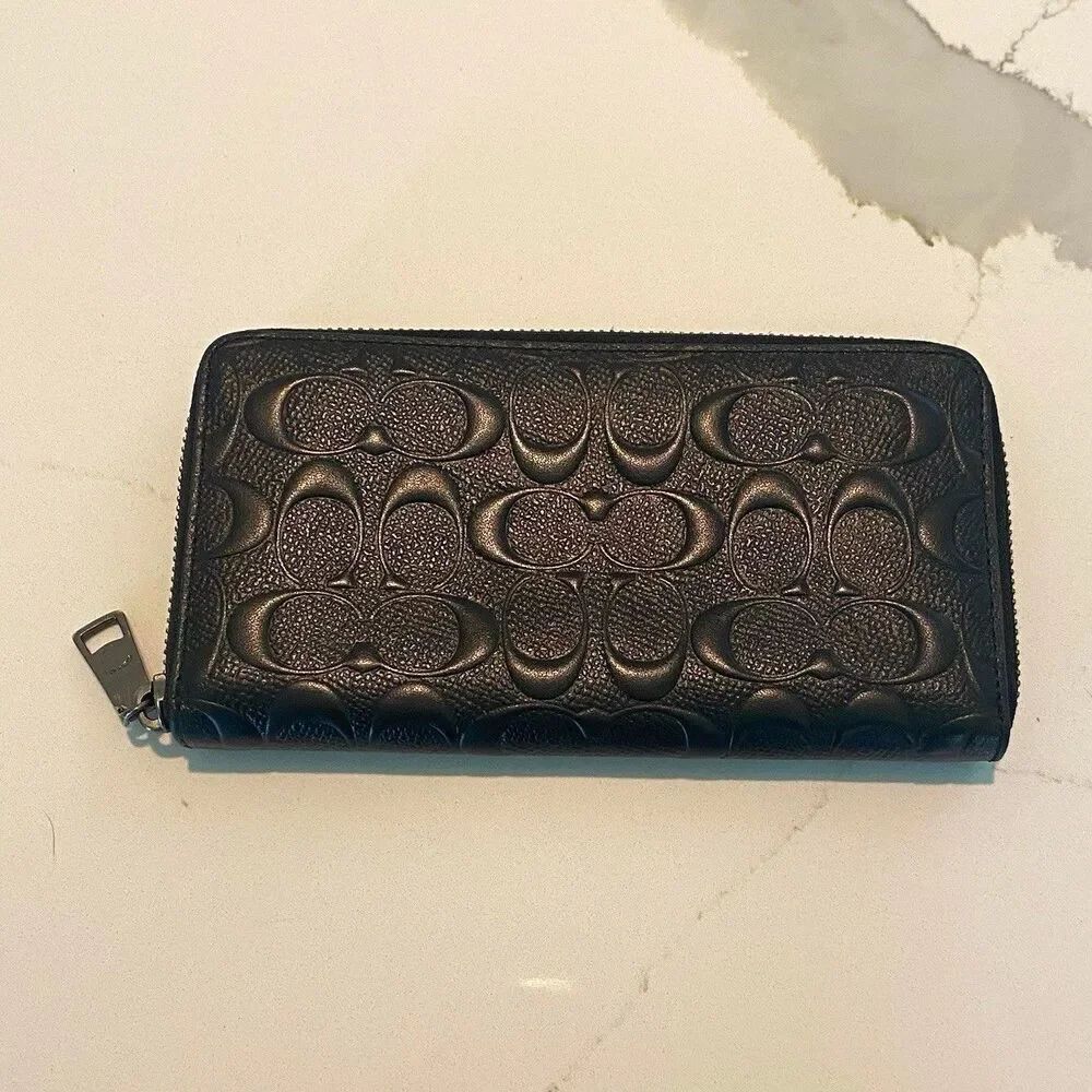 Coach Black Logo Embossed Accordion Zip-Around Wallet